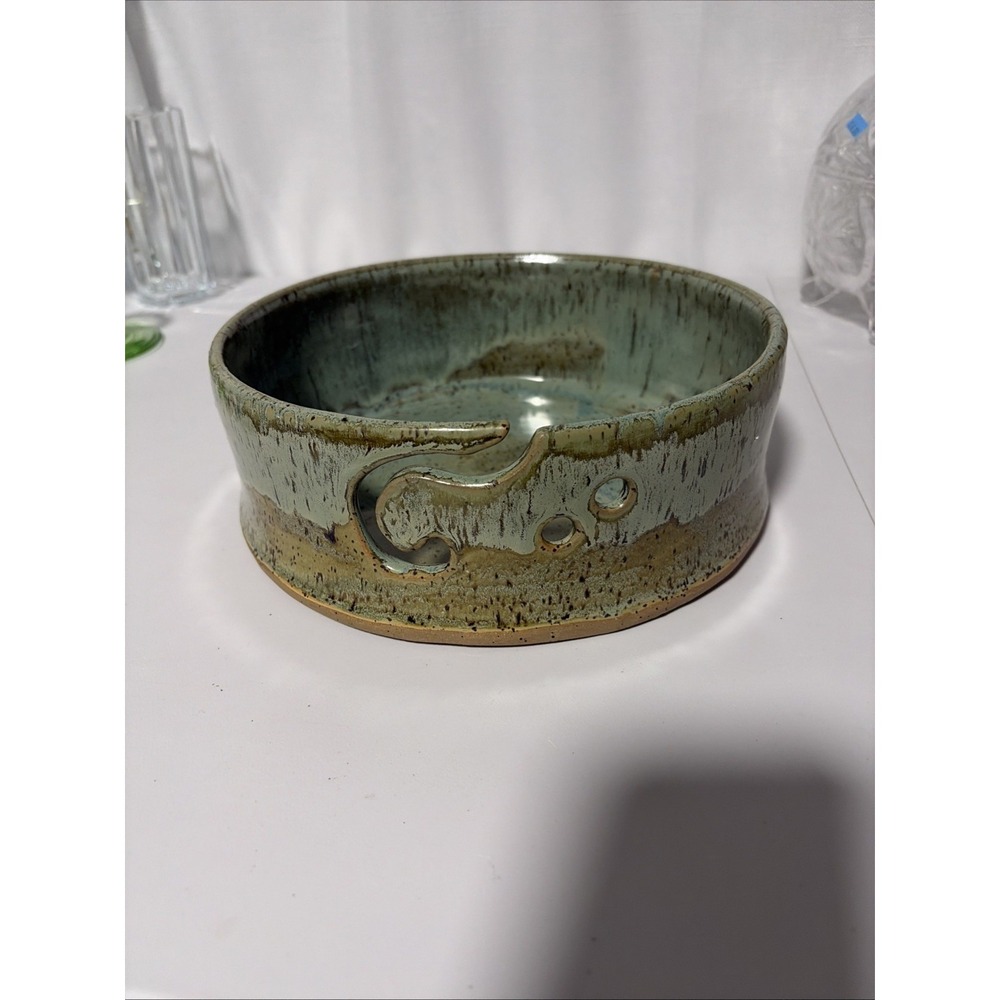 Pottery Art Yarn Bowl, Knitting Wool, Spinning, Green & Browns, Signed 9”